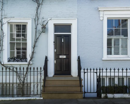 front-view-front-door-with-blue-wall-plants